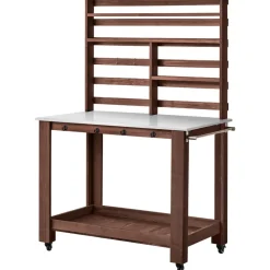 VEVOR Potting Bench Table, Outdoor Gardening Workstation with 45 x 26 in Stainless Steel Tabletop, Storage Shelves, 4 Casters, Hooks, Garden Planting Work Station for Outside Patio, Backyard, Brown