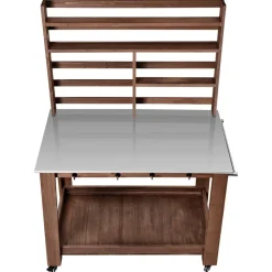 VEVOR Potting Bench Table, Outdoor Gardening Workstation with 45 x 26 in Stainless Steel Tabletop, Storage Shelves, 4 Casters, Hooks, Garden Planting Work Station for Outside Patio, Backyard, Brown