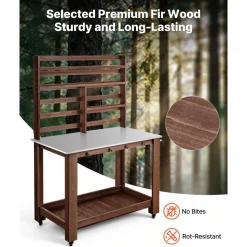 VEVOR Potting Bench Table, Outdoor Gardening Workstation with 45 x 26 in Stainless Steel Tabletop, Storage Shelves, 4 Casters, Hooks, Garden Planting Work Station for Outside Patio, Backyard, Brown
