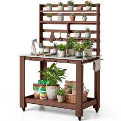 VEVOR Potting Bench Table, Outdoor Gardening Workstation with 45 x 26 in Stainless Steel Tabletop, Storage Shelves, 4 Casters, Hooks, Garden Planting Work Station for Outside Patio, Backyard, Brown