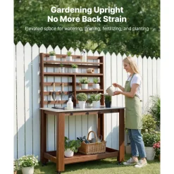 VEVOR Potting Bench Table, Outdoor Gardening Workstation with 45 x 26 in Stainless Steel Tabletop, Storage Shelves, 4 Casters, Hooks, Garden Planting Work Station for Outside Patio, Backyard, Brown