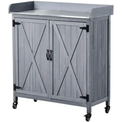 VEVOR Potting Bench Table, Outdoor Gardening Wooden Storage Cabinet with 36 x 16 in Galvanized Iron Tabletop, Garden Planting Workstation with Large Storage Space, 4 Casters for Patio, Backyard, Gray