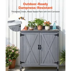 VEVOR Potting Bench Table, Outdoor Gardening Wooden Workstation with Storage Cabinet, Storage Shelves, 43 x 18 in Wood Tabletop, Garden Planting Work Station for Patio, Backyard, Balcony, Gray