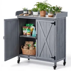 VEVOR Potting Bench Table, Outdoor Gardening Wooden Workstation with Storage Cabinet, Storage Shelves, 43 x 18 in Wood Tabletop, Garden Planting Work Station for Patio, Backyard, Balcony, Gray