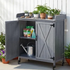 VEVOR Potting Bench Table, Outdoor Gardening Wooden Workstation with Storage Cabinet, Storage Shelves, 43 x 18 in Wood Tabletop, Garden Planting Work Station for Patio, Backyard, Balcony, Gray