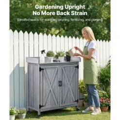 VEVOR Potting Bench Table, Outdoor Gardening Wooden Workstation with Storage Cabinet, Storage Shelves, 43 x 18 in Wood Tabletop, Garden Planting Work Station for Patio, Backyard, Balcony, Gray