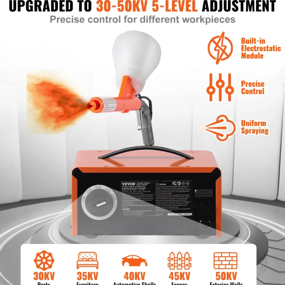 VEVOR Powder Coating System, 50KV Electrostatic Output Powder Coating Kit with Foot Switch, Spray Gun, Nozzles and Powder Cups, Powder Coating Equipment for Home DIY and Commercial Production