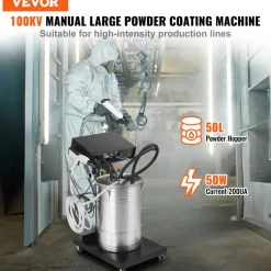 VEVOR Powder Coating System, 50 W 100KV Electrostatic Output Powder Coating Kit with 50L Powder Hopper, 450g Per Minute Powder Coating Machine with Spray Gun and Trolley Base, for Indoor and Outdoor