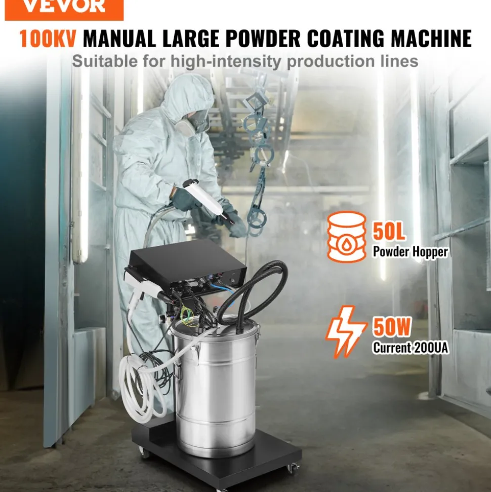 VEVOR Powder Coating System, 50 W 100KV Electrostatic Output Powder Coating Kit with 50L Powder Hopper, 450g Per Minute Powder Coating Machine with Spray Gun and Trolley Base, for Indoor and Outdoor