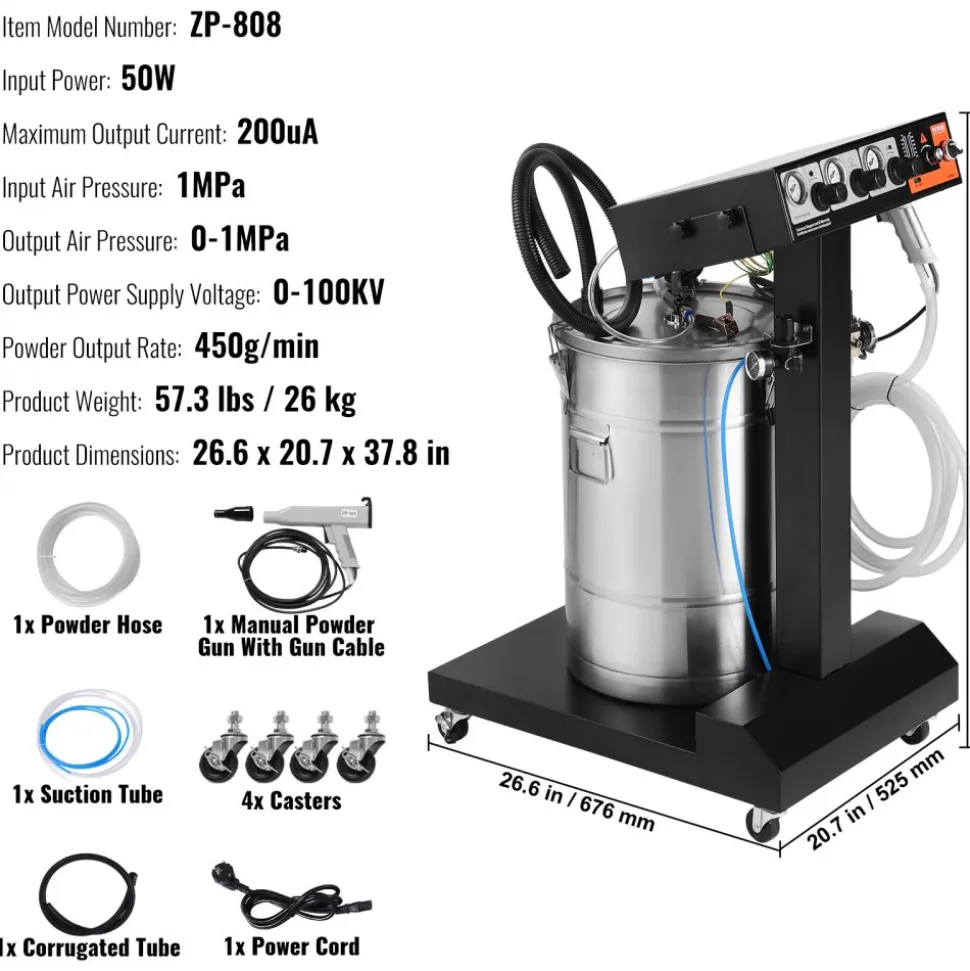 VEVOR Powder Coating System, 50 W 100KV Electrostatic Output Powder Coating Kit with 50L Powder Hopper, 450g Per Minute Powder Coating Machine with Spray Gun and Trolley Base, for Indoor and Outdoor