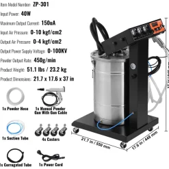 VEVOR Powder Coating System, 40 W 100KV Electrostatic Output Powder Coating Kit with 50L Powder Hopper, 450g Per Minute Powder Coating Machine with Spray Gun and Trolley Base, for Indoor and Outdoor