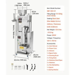 VEVOR Powder Filling and Sealing Machine, 10-500g(0.02-1.1lbs) Automatic Particle Granule Packaging Machine, Stainless Steel, Weighing Filling Sealing, for Coffee Beans, Grains, Tea, Spices, Silver