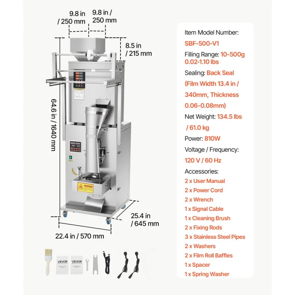 VEVOR Powder Filling and Sealing Machine, 10-500g(0.02-1.1lbs) Automatic Particle Granule Packaging Machine, Stainless Steel, Weighing Filling Sealing, for Coffee Beans, Grains, Tea, Spices, Silver