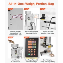 VEVOR Powder Filling and Sealing Machine, 10-500g(0.02-1.1lbs) Automatic Particle Granule Packaging Machine, Stainless Steel, Weighing Filling Sealing, for Coffee Beans, Grains, Tea, Spices, Silver