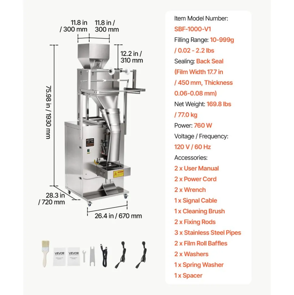 VEVOR Powder Filling and Sealing Machine, 10-999g(0.02-2.2lbs) Automatic Particle Granule Packaging Machine, Stainless Steel, Weighing Filling Sealing, for Coffee Beans, Grains, Tea, Spices, Silver