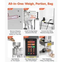 VEVOR Powder Filling and Sealing Machine, 10-999g(0.02-2.2lbs) Automatic Particle Granule Packaging Machine, Stainless Steel, Weighing Filling Sealing, for Coffee Beans, Grains, Tea, Spices, Silver
