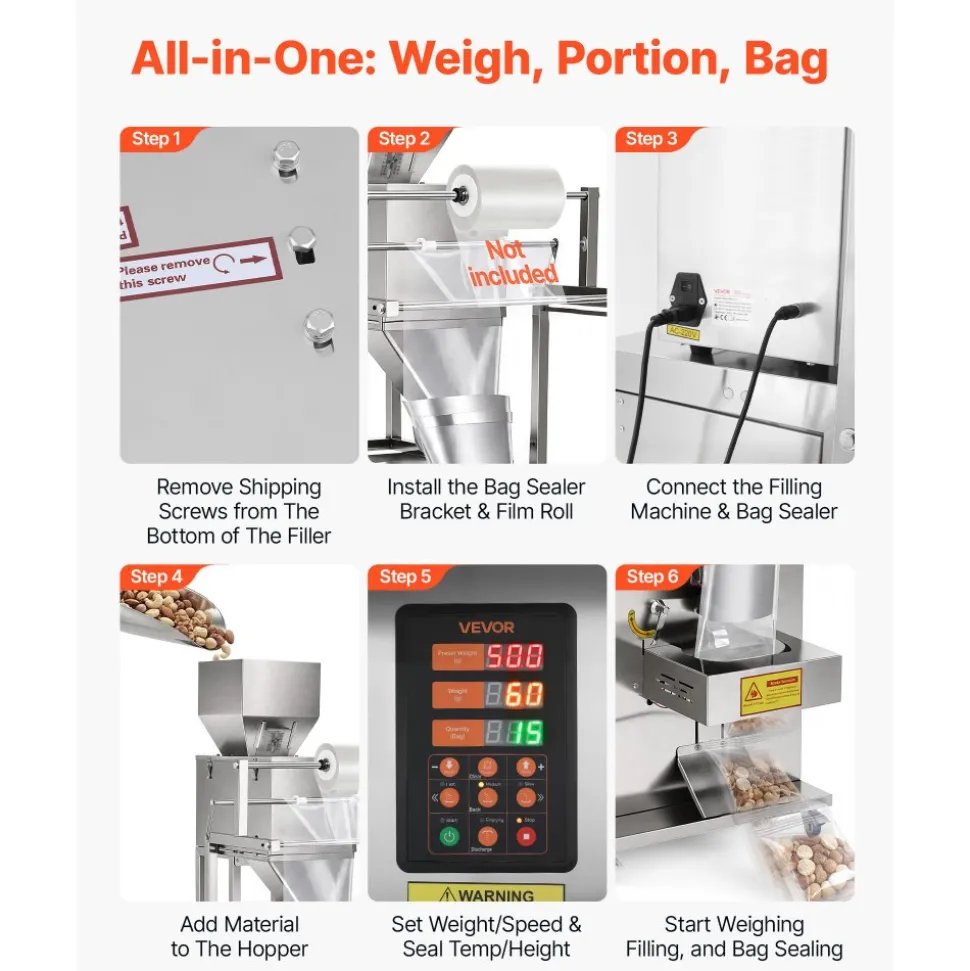 VEVOR Powder Filling and Sealing Machine, 10-999g(0.02-2.2lbs) Automatic Particle Granule Packaging Machine, Stainless Steel, Weighing Filling Sealing, for Coffee Beans, Grains, Tea, Spices, Silver