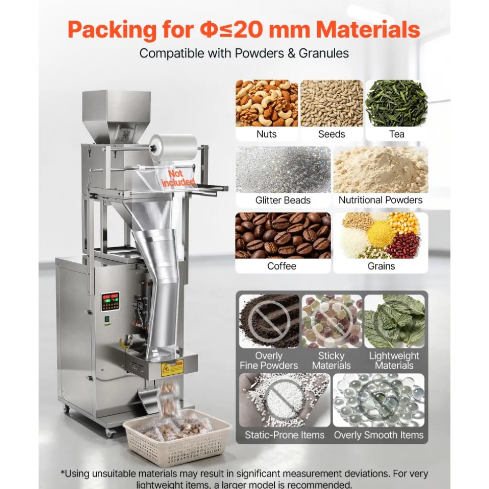 VEVOR Powder Filling and Sealing Machine, 10-999g(0.02-2.2lbs) Automatic Particle Granule Packaging Machine, Stainless Steel, Weighing Filling Sealing, for Coffee Beans, Grains, Tea, Spices, Silver