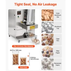 VEVOR Powder Filling and Sealing Machine, 10-999g(0.02-2.2lbs) Automatic Particle Granule Packaging Machine, Stainless Steel, Weighing Filling Sealing, for Coffee Beans, Grains, Tea, Spices, Silver