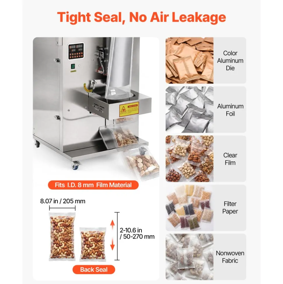VEVOR Powder Filling and Sealing Machine, 10-999g(0.02-2.2lbs) Automatic Particle Granule Packaging Machine, Stainless Steel, Weighing Filling Sealing, for Coffee Beans, Grains, Tea, Spices, Silver