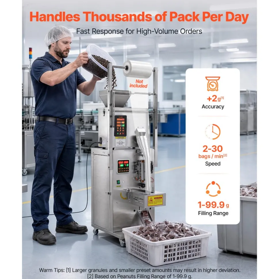 VEVOR Powder Filling and Sealing Machine, 1-99.9g(0.002-0.22lbs) Automatic Particle Granule Packaging Machine, Stainless Steel, Weighing Filling Sealing, for Coffee Beans, Grains, Tea, Spices, Silver
