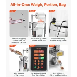 VEVOR Powder Filling and Sealing Machine, 1-99.9g(0.002-0.22lbs) Automatic Particle Granule Packaging Machine, Stainless Steel, Weighing Filling Sealing, for Coffee Beans, Grains, Tea, Spices, Silver