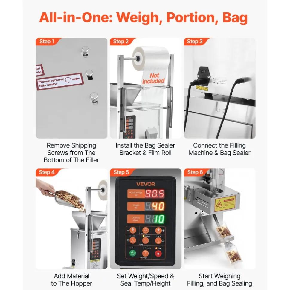 VEVOR Powder Filling and Sealing Machine, 1-99.9g(0.002-0.22lbs) Automatic Particle Granule Packaging Machine, Stainless Steel, Weighing Filling Sealing, for Coffee Beans, Grains, Tea, Spices, Silver