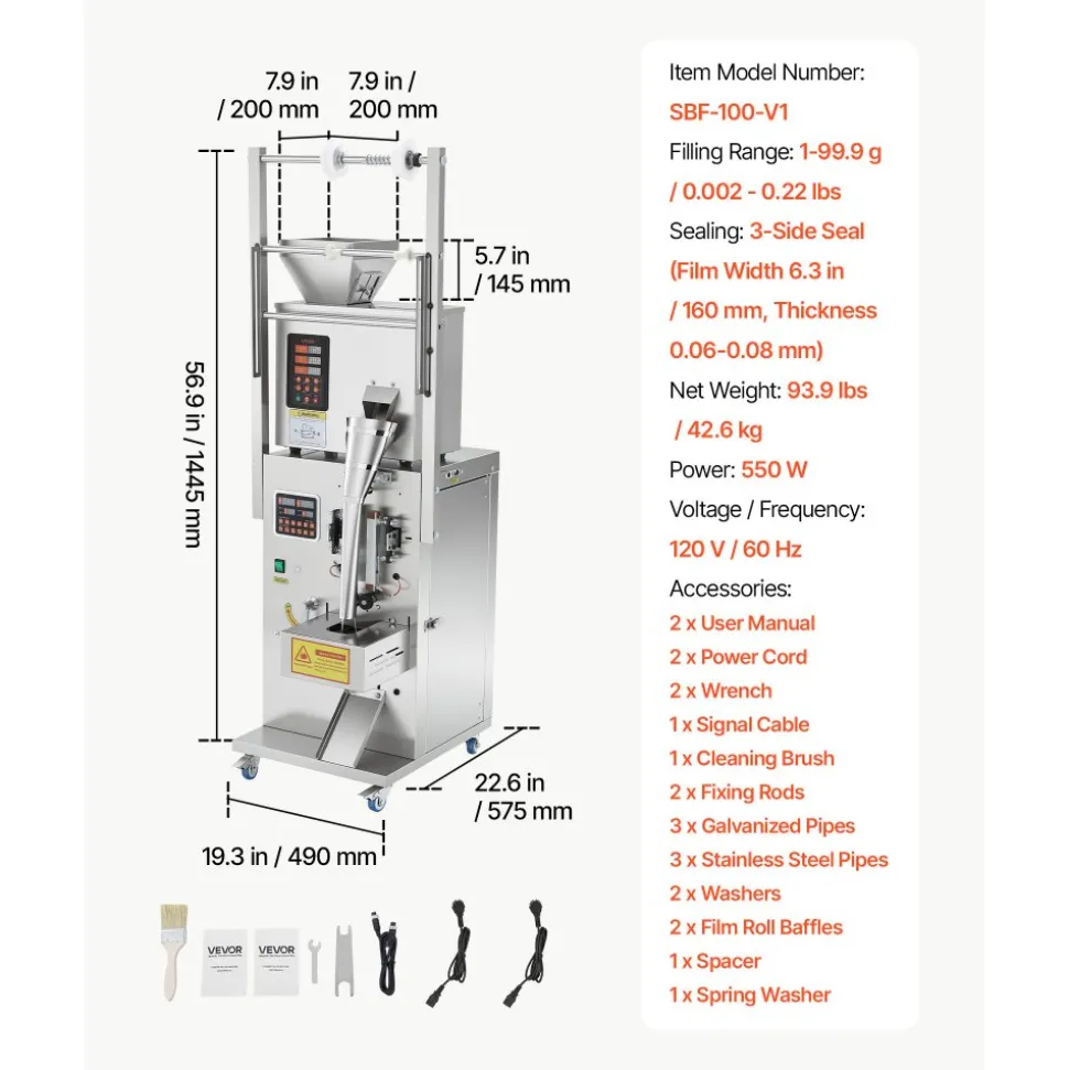 VEVOR Powder Filling and Sealing Machine, 1-99.9g(0.002-0.22lbs) Automatic Particle Granule Packaging Machine, Stainless Steel, Weighing Filling Sealing, for Coffee Beans, Grains, Tea, Spices, Silver