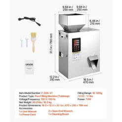 VEVOR Powder Filling Machine, 10-500g (0.02-1.1lbs) Automatic Particle Dispenser, High Accuracy, Stainless Steel, Intelligent Weighing Dispensing Filler for Coffee Beans, Grains, Tea, Spices, Silver