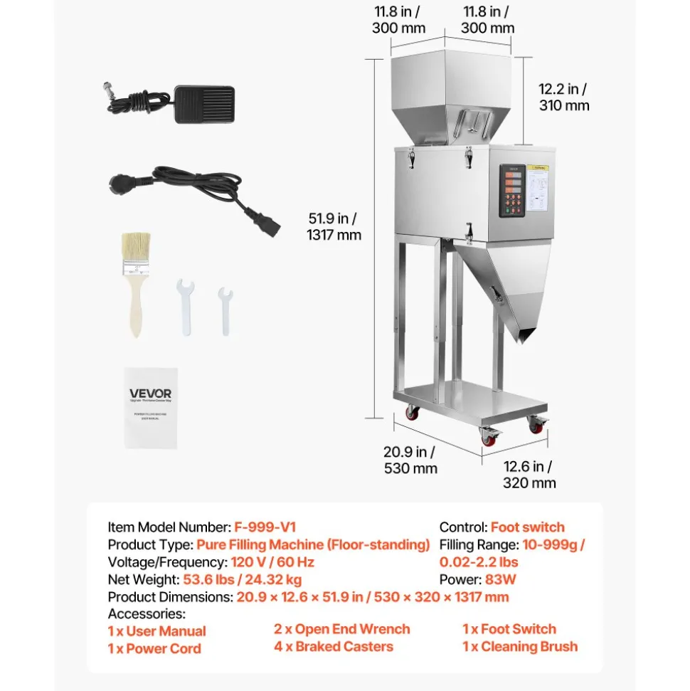 VEVOR Powder Filling Machine, 10-999g (0.02-2.2lbs) Automatic Particle Dispenser, Stainless Steel, Intelligent Weighing Dispensing Filler with Foot Pedal, for Coffee Beans, Grains, Tea, Spices, Silver