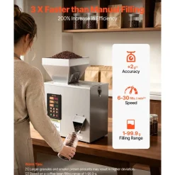 VEVOR Powder Filling Machine, 1-99.9g (0.002-0.22lbs) Automatic Particle Dispenser, High Accuracy, Stainless Steel, Intelligent Weighing Dispensing Filler for Coffee Beans, Grains, Tea, Spices, Silver