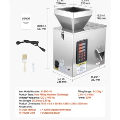 VEVOR Powder Filling Machine, 3-200g (0.01-0.44 lbs) Automatic Particle Dispenser, High Accuracy, Stainless Steel, Intelligent Weighing Dispensing Filler for Coffee Beans, Grains, Tea, Spices, Silver