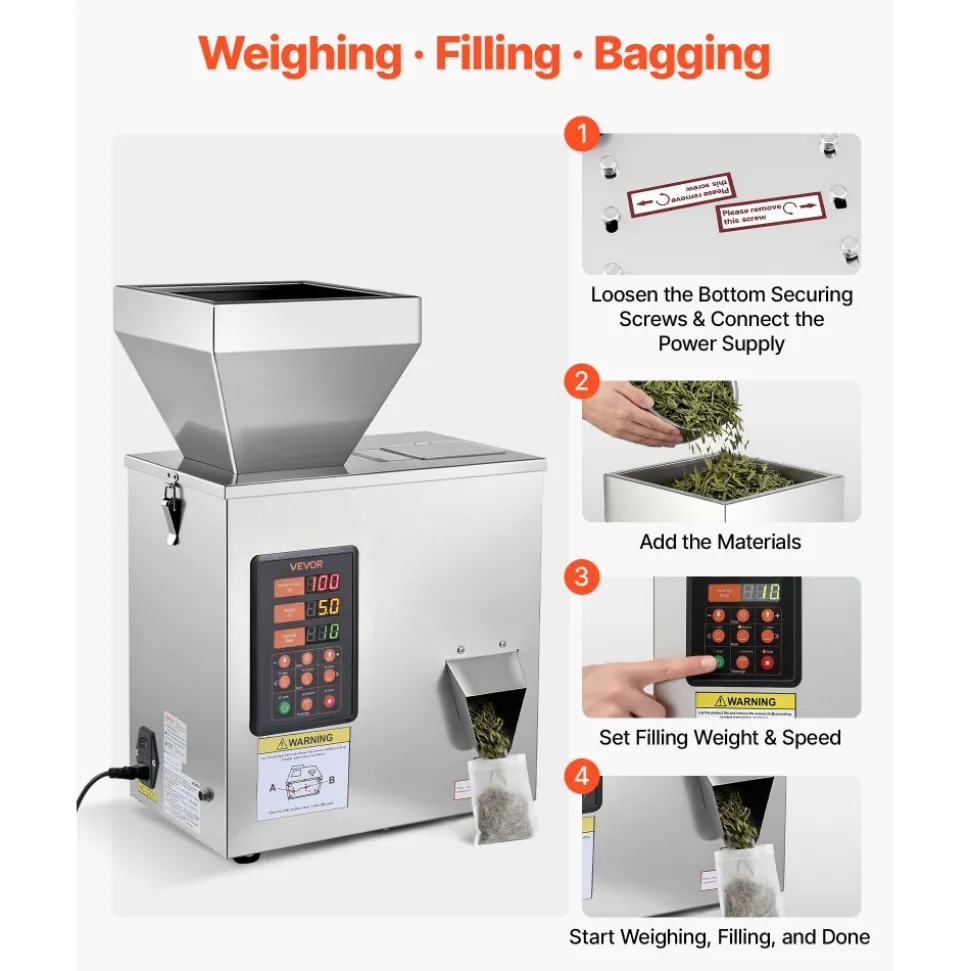 VEVOR Powder Filling Machine, 3-200g (0.01-0.44 lbs) Automatic Particle Dispenser, High Accuracy, Stainless Steel, Intelligent Weighing Dispensing Filler for Coffee Beans, Grains, Tea, Spices, Silver