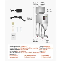 VEVOR Powder Filling Machine, 20-5000g (0.04-11.02lbs) Automatic Particle Dispenser, Stainless Steel, Smart Weighing Dispensing Filler w/ Foot Pedal, for Coffee Beans, Grains, Tea, Spices, Silver