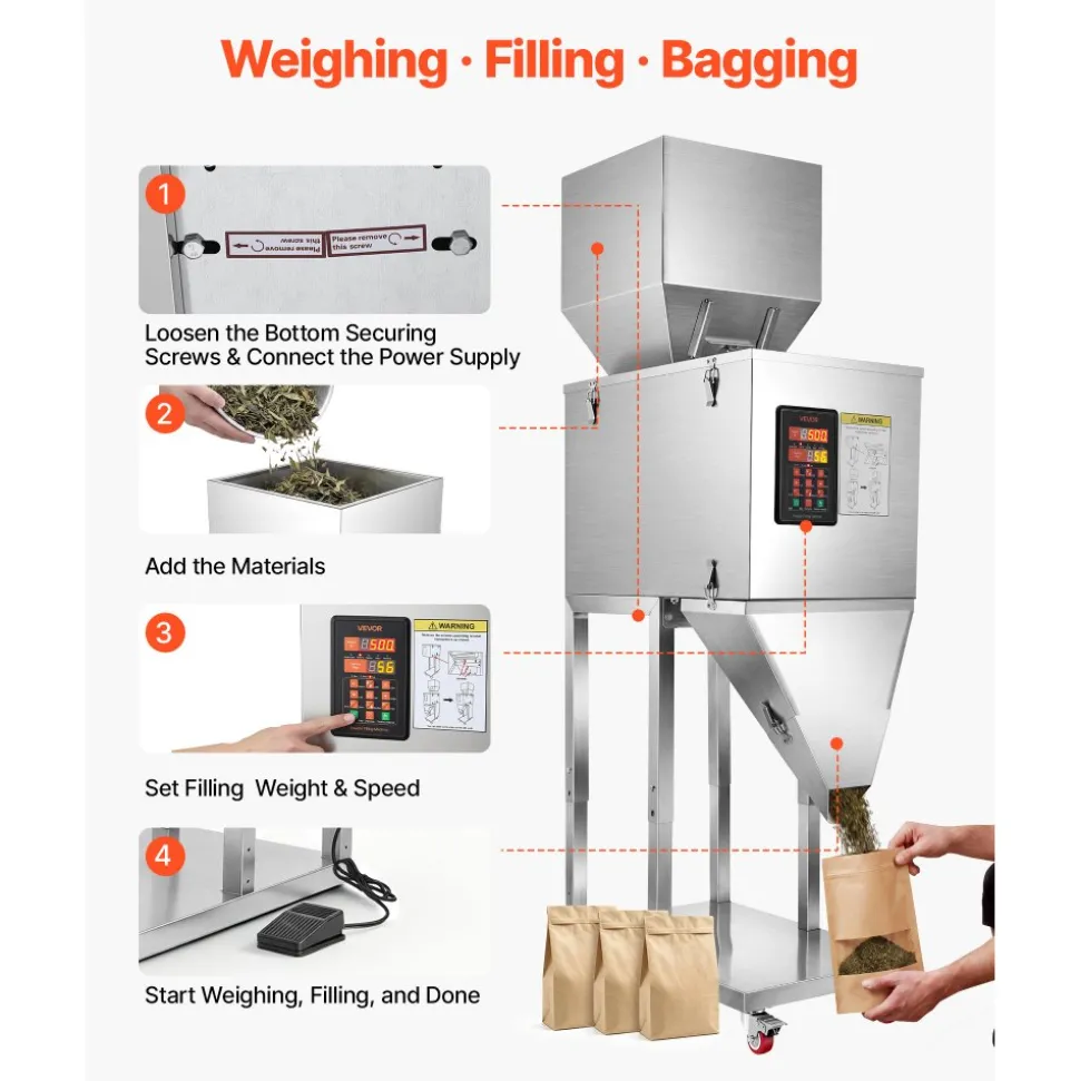 VEVOR Powder Filling Machine, 20-5000g (0.04-11.02lbs) Automatic Particle Dispenser, Stainless Steel, Smart Weighing Dispensing Filler w/ Foot Pedal, for Coffee Beans, Grains, Tea, Spices, Silver
