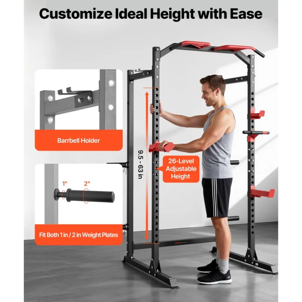 VEVOR Power Cage Power Rack, Multifunctional Barbell Squat Rack with Adjustable Height, Home Gym Strength Training Workout Equipment with J-Hooks & More Fitness Attachment for Bench Press Pull-Up Dips