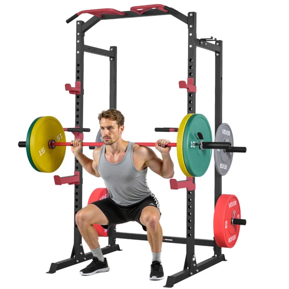 VEVOR Power Cage Power Rack, Multifunctional Barbell Squat Rack with Adjustable Height, Home Gym Strength Training Workout Equipment with J-Hooks & More Fitness Attachment for Bench Press Pull-Up Dips