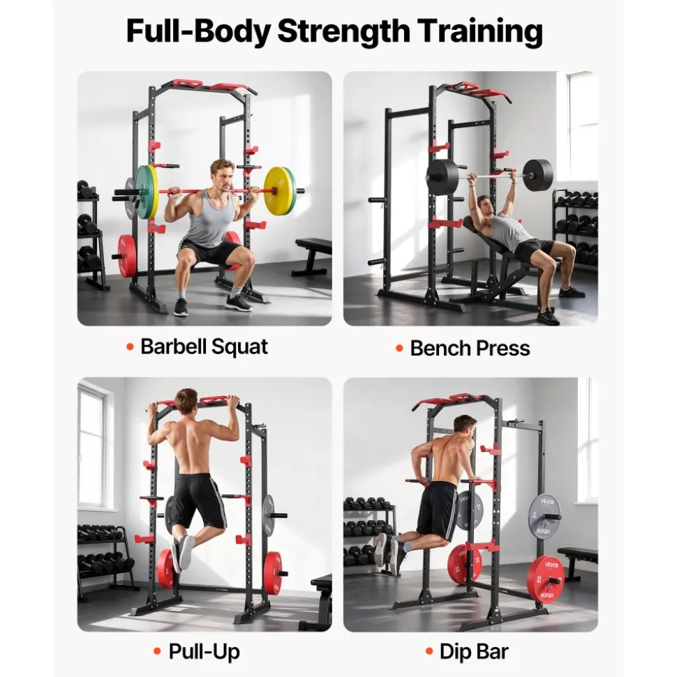 VEVOR Power Cage Power Rack, Multifunctional Barbell Squat Rack with Adjustable Height, Home Gym Strength Training Workout Equipment with J-Hooks & More Fitness Attachment for Bench Press Pull-Up Dips