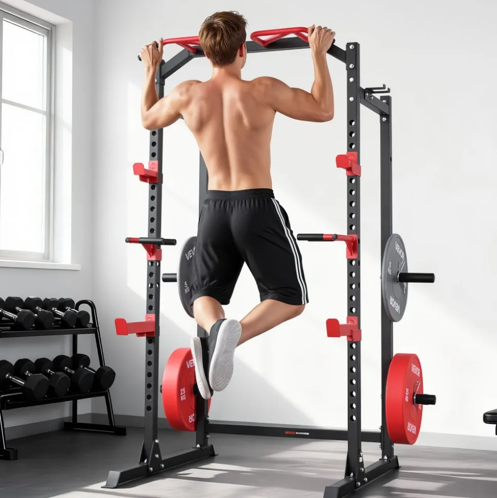 VEVOR Power Cage Power Rack, Multifunctional Barbell Squat Rack with Adjustable Height, Home Gym Strength Training Workout Equipment with J-Hooks & More Fitness Attachment for Bench Press Pull-Up Dips