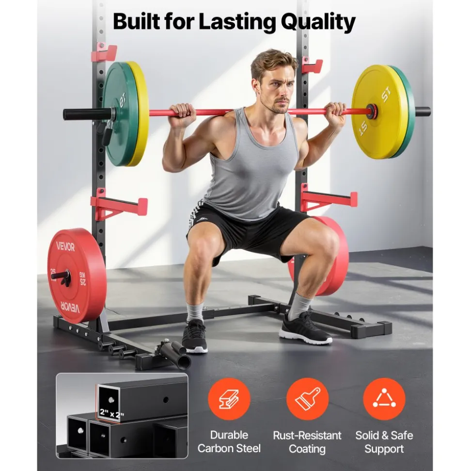 VEVOR Power Cage Rack, Multifunctional Squat Rack for Home Gym, Width-Adjustable Workout Strength Training Equipment with 6 Band Pegs, Landmine Attachment & Safety Bars for Bench Press Squats Pull-Up