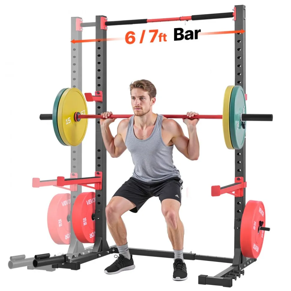 VEVOR Power Cage Rack, Multifunctional Squat Rack for Home Gym, Width-Adjustable Workout Strength Training Equipment with 6 Band Pegs, Landmine Attachment & Safety Bars for Bench Press Squats Pull-Up