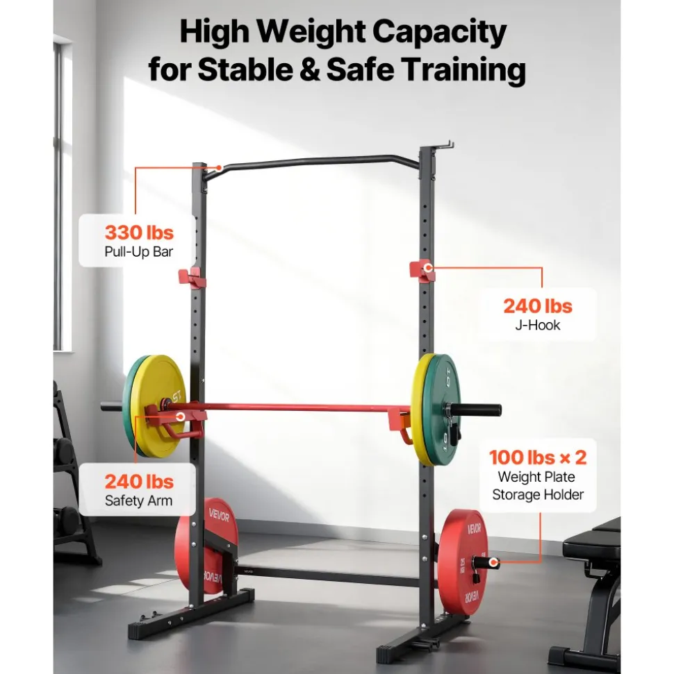 VEVOR Power Cage Squat Rack, Multifunctional Power Rack Home Gym, 1000LBS Strength Training Workout Equipment with 4 Band Pegs, Adjustable J-Hooks & Safety Bars for Barbell Squat Bench Press Pull-Up