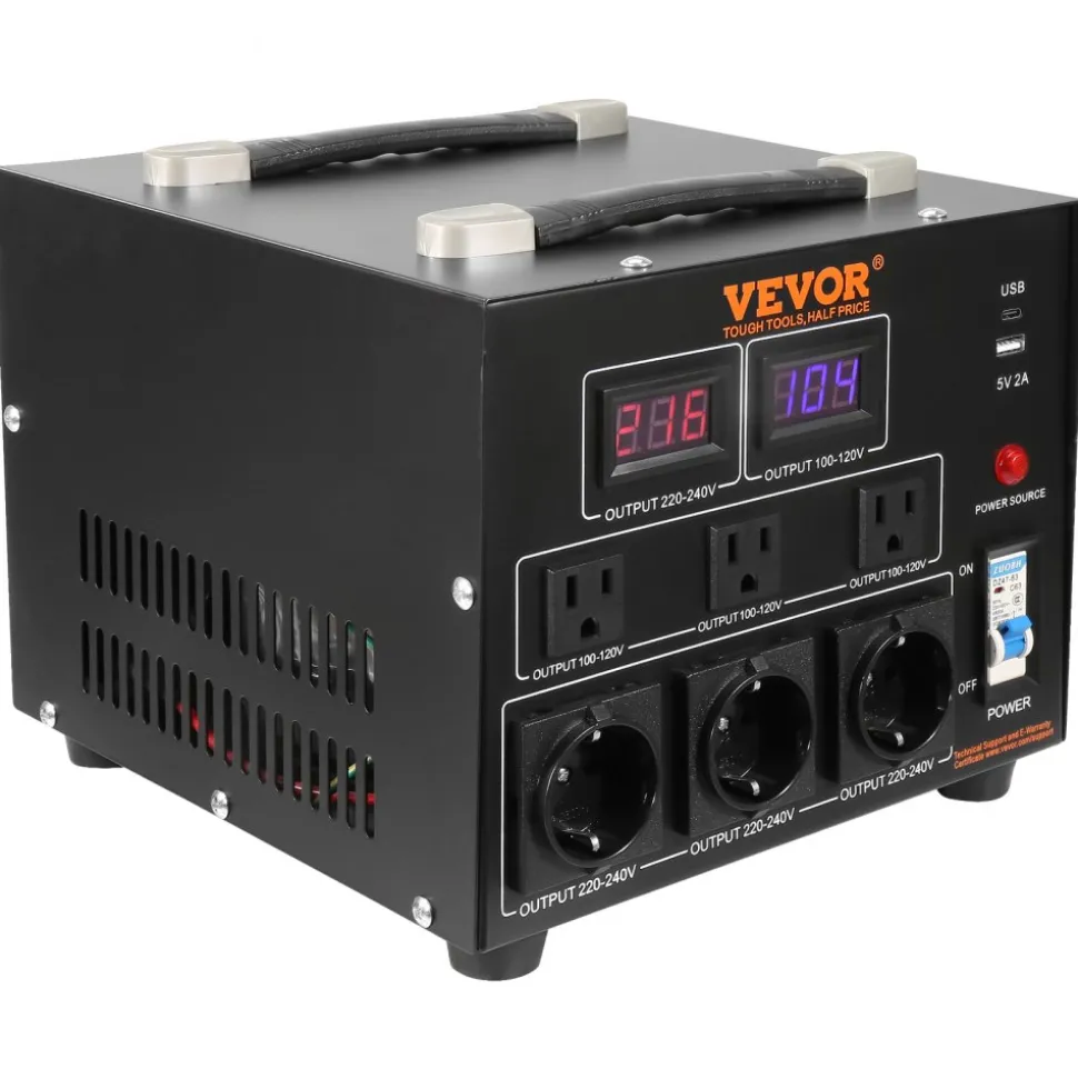 VEVOR Power Converter, 3000W, Durable Step Up/Down Unit, Switches between 110V and 220V, Includes US and EU Outlets plus 5V USB, CE Approved