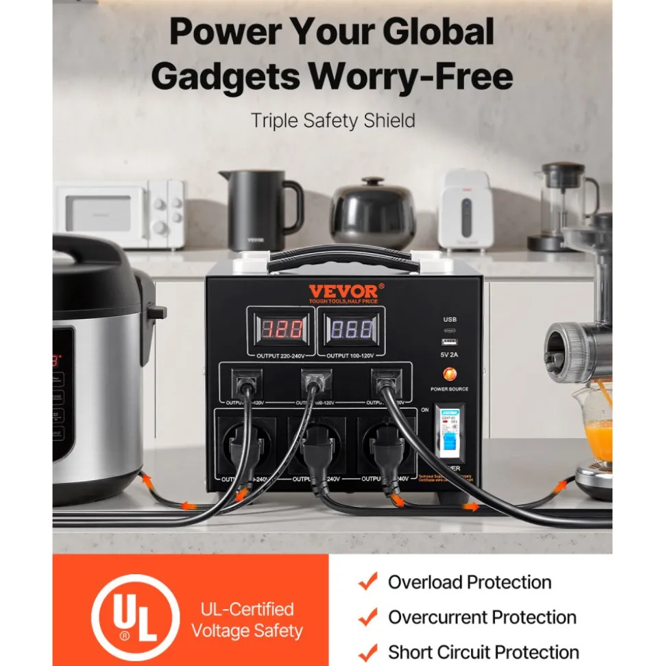 VEVOR Power Converter, 3000W, Durable Step Up/Down Unit, Switches between 110V and 220V, Includes US and EU Outlets plus 5V USB, CE Approved
