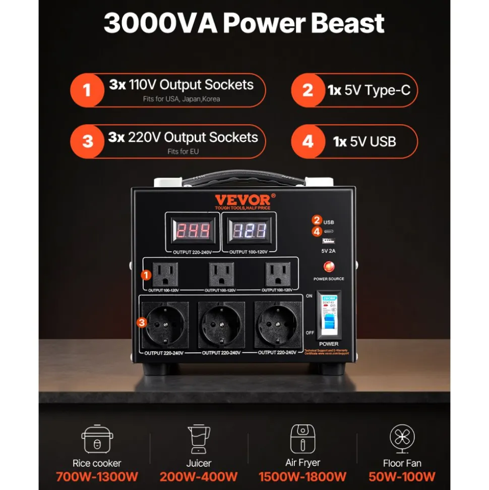 VEVOR Power Converter, 3000W, Durable Step Up/Down Unit, Switches between 110V and 220V, Includes US and EU Outlets plus 5V USB, CE Approved