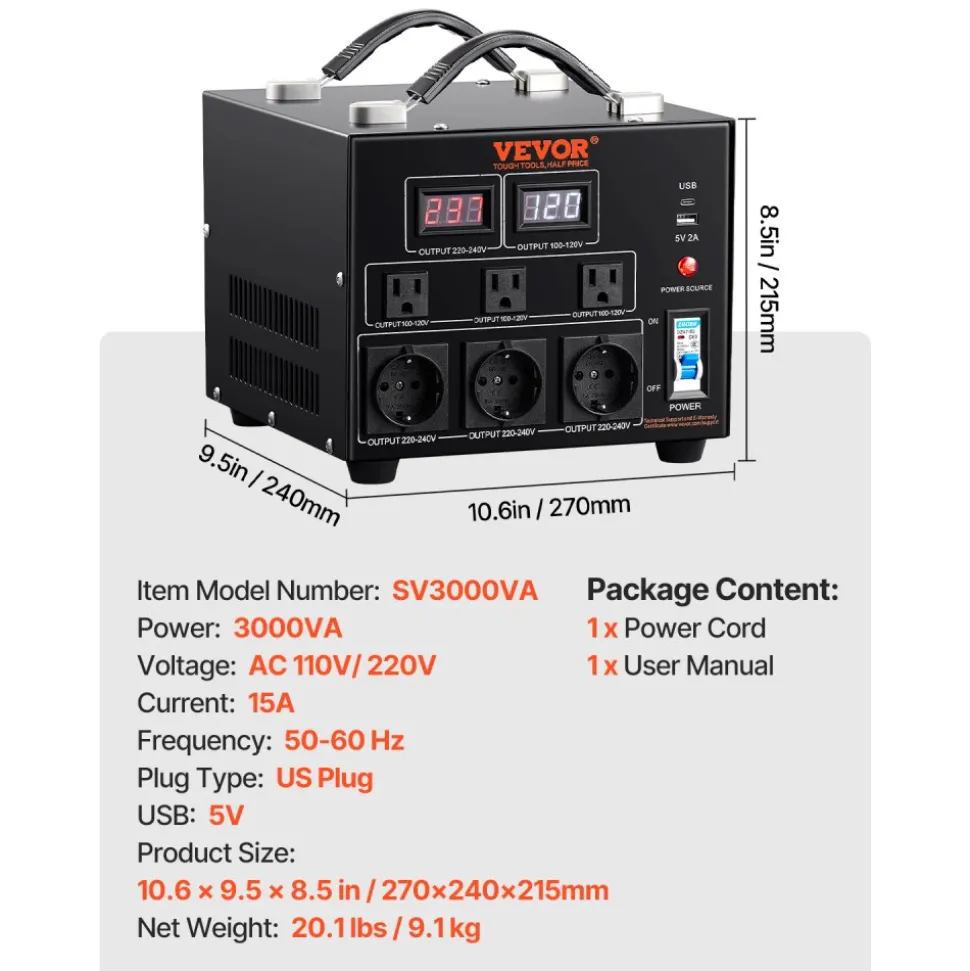 VEVOR Power Converter, 3000W, Durable Step Up/Down Unit, Switches between 110V and 220V, Includes US and EU Outlets plus 5V USB, CE Approved