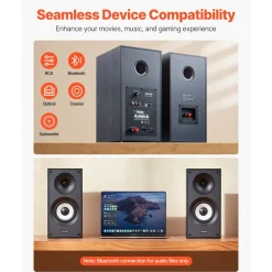 VEVOR Powered Bookshelf Speakers, 25W x 2, Active Studio Monitor Speaker with 5.5 Inch Woofer, Bluetooth/RCA/Coaxial/Optical/USB/Subwoofer Connection, Wooden Enclosure, for Record Player Turntable PC