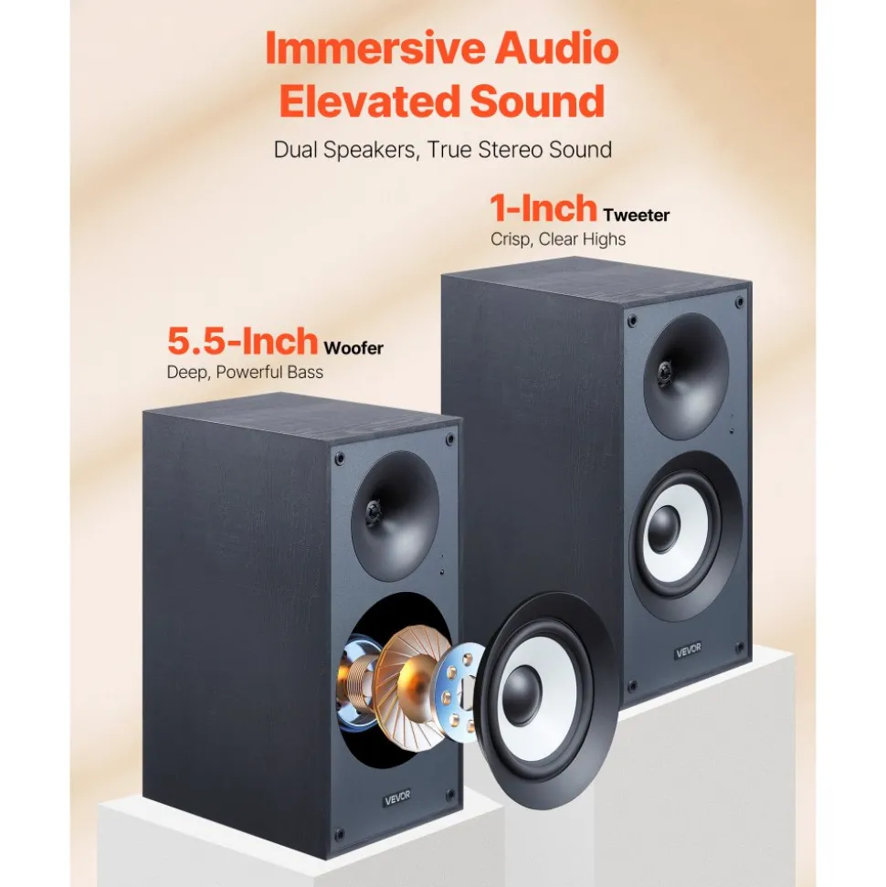 VEVOR Powered Bookshelf Speakers, 25W x 2, Active Studio Monitor Speaker with 5.5 Inch Woofer, Bluetooth/RCA/Coaxial/Optical/USB/Subwoofer Connection, Wooden Enclosure, for Record Player Turntable PC