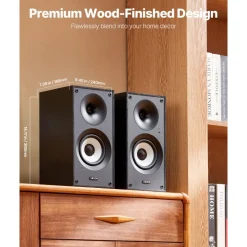 VEVOR Powered Bookshelf Speakers, 25W x 2, Active Studio Monitor Speaker with 5.5 Inch Woofer, Bluetooth/RCA/Coaxial/Optical/USB/Subwoofer Connection, Wooden Enclosure, for Record Player Turntable PC