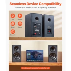 VEVOR Powered Bookshelf Speakers, 25W x 2, Active Studio Monitor Speaker with 5.25 Inch Woofer, Bluetooth/RCA/Coaxial/Optical/USB/Subwoofer Connection, Wooden Enclosure, for Record Player Turntable PC